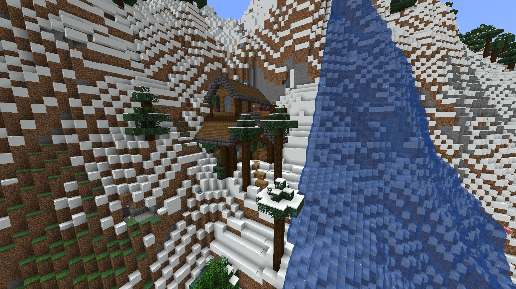 A wooden cabin on the side of a snowy mountain.